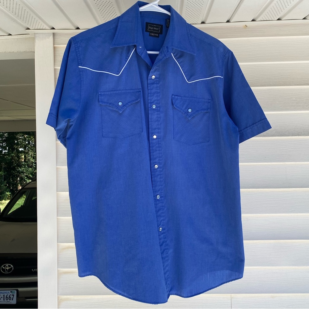 Vintage “High Noon” Western-style short sleeved royal blue unisex shirt